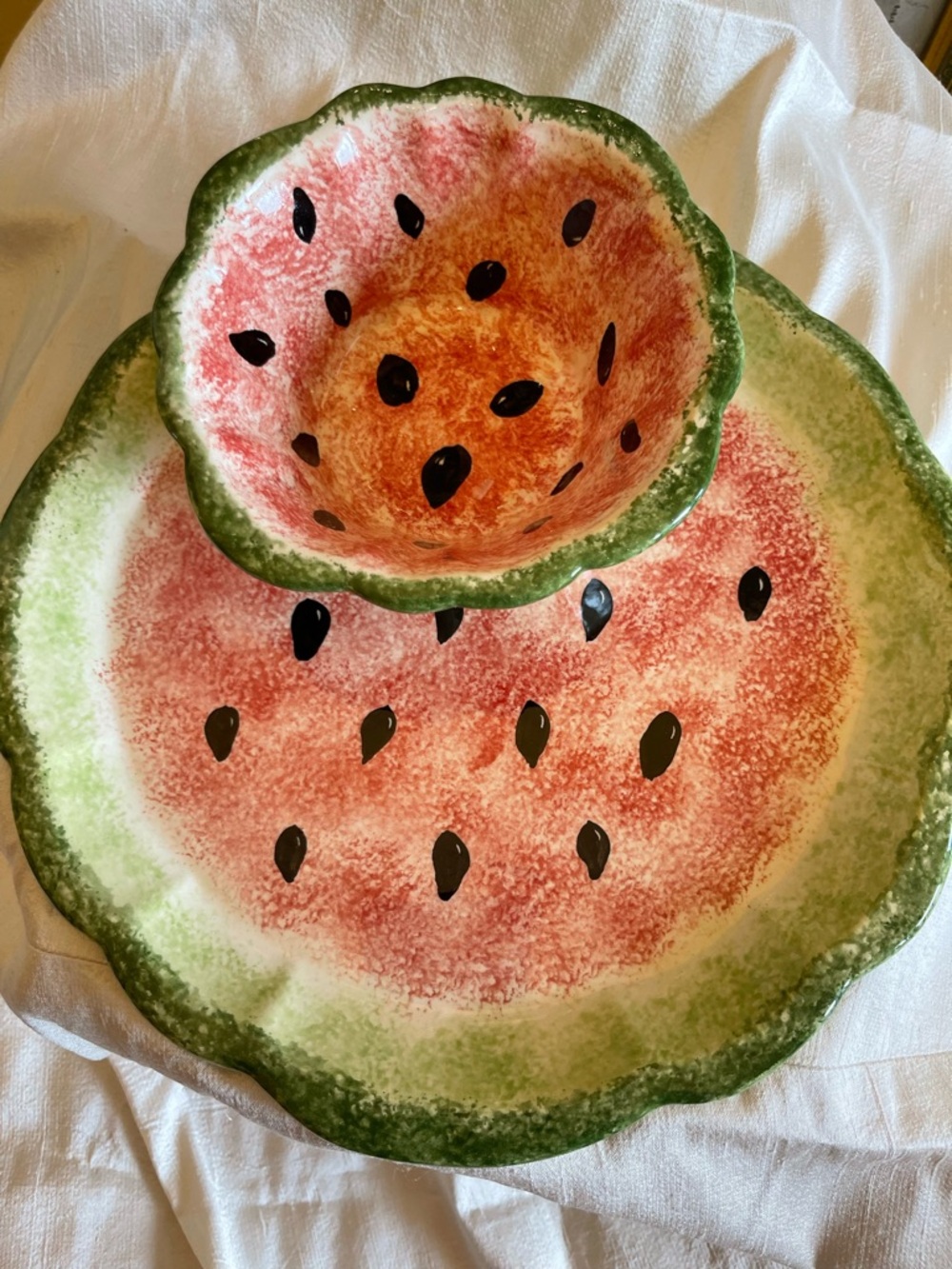 Watermelon Serving Set – Hand Painted Bowl & Plate – Summer Kitchen Decor - Picture 2 of 10